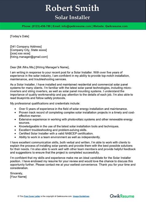 Solar Installer Cover Letter Examples Qwikresume