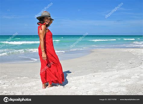 Beautiful Mature Woman Wearing Red Summer Dress Beach Stock Photo By
