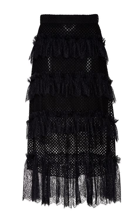 Tiered Lace And Tulle Midi Skirt In Black Lace Trim Skirts Frill