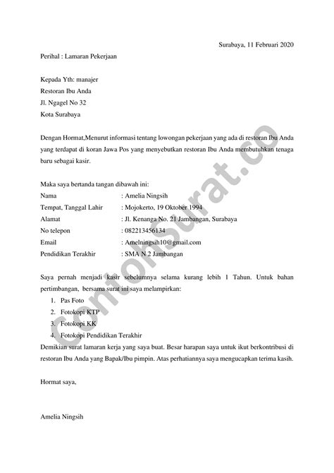 Setelah menemukan lowongan yang sesuai dengan keinginan dan kemampuan anda, maka bisa mengirimkan lamaran, serta melampirkan beberapa dokumen. Download Contoh Surat Lamaran Kerja Sebagai Kasir - Contoh ...