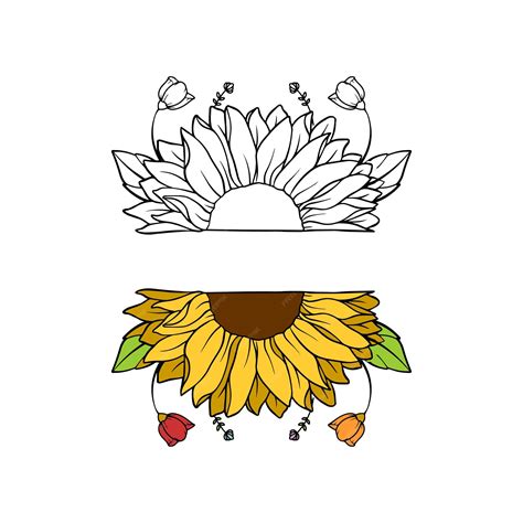 Premium Vector | Sunflower Border Half Sunflowers Drawing and Outline