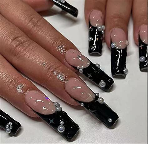 Misud Coffin Press On Nails Long Ballerina Fake Nails Black French Tip