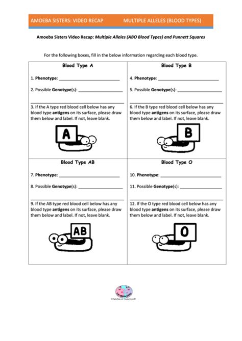 Multiple alleles (abo blood types) and punnett squares for the following boxes, fill in the below information regarding each blood type. Amoeba Sisters Video Recap: Multiple Alleles (Abo Blood Types) And Punnett Squares printable pdf ...