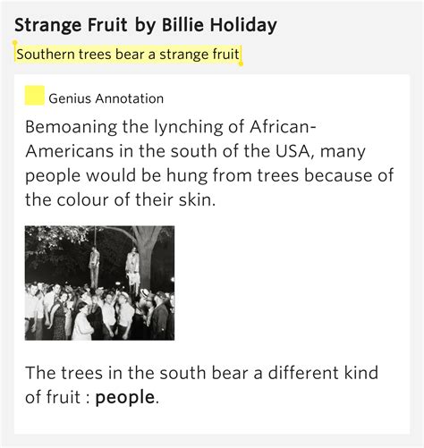 Southern trees bear strange fruit, blood on the leaves and blood at the root, black bodies swinging in the southern breeze, strange fruit hanging from the poplar trees. Southern trees bear a strange fruit - Strange Fruit