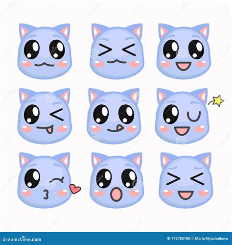 Kawaii Blue Cats Emoji Funny And Cute Cats Vector Cute Kittens Cat