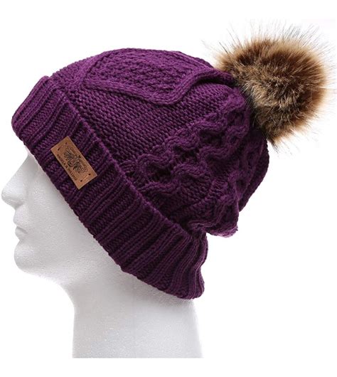 Women S Winter Fleece Lined Cable Knitted Pom Pom Beanie Hat With Hair Tie Purple Ce12mzhr9kl