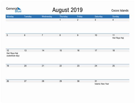 Editable August 2019 Calendar With Cocos Islands Holidays