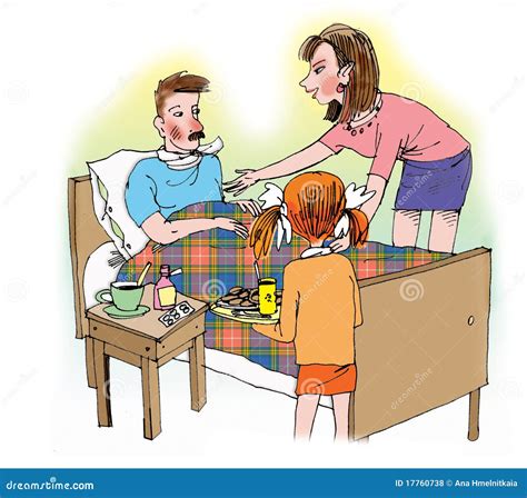 Mother And Daughter Taking Care Of Ill Father Royalty Free Illustration