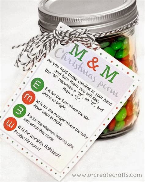 Just fill your jar with the m & m's, seal it up, and wrap a little ribbon around the top of it. Sweet Printable M&M Christmas Poem | AllFreeHolidayCrafts.com