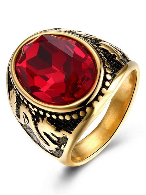 Vintage Engraved Dragon Faux Ruby Oval Ring Golden 7 Metal Fashion