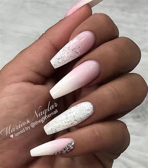 50 Pretty French Pink Ombre And Glitter On Long Acrylic Coffin Nails