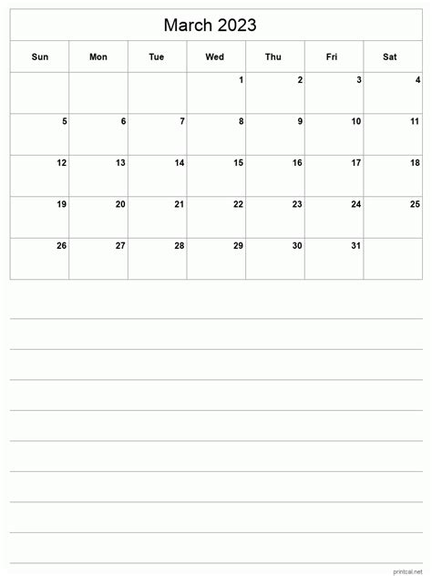 Printable March 2023 Calendar Half Page With Notesheet