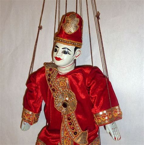 Vintage Carved Teak Wood Burma Marionette 16 Red Velvet Puppet