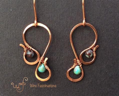 Handmade Copper Earrings Wire Wrapped Swirl Turquoise And Garnet Glass
