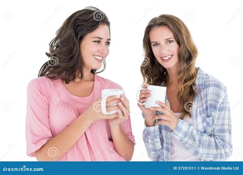 Two Smiling Young Female Friends Drinking Coffee Stock Image Image Of