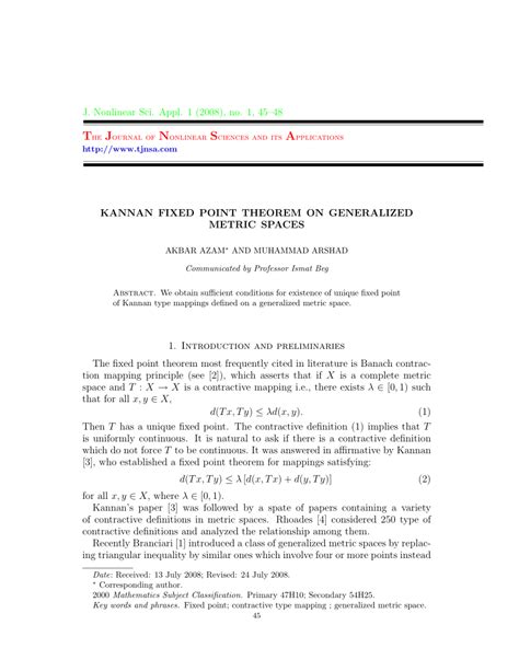 Pdf Kannan Fixed Point Theorem On Generalized Metric Spaces