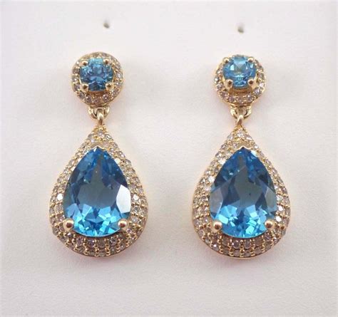 5Ct Blue Topaz Diamond Halo Dangle Drop Earrings 14K Earrings 14K
