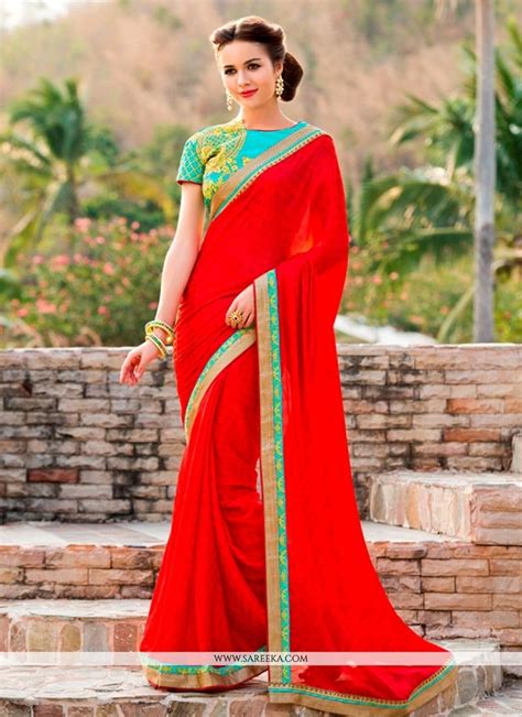 Chiffon Satin Red Embroidered Work Designer Saree Party Wear Sarees
