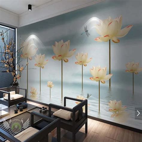 3d Waterlily Flower Dragonfly Wallpaper Photo Mural Waterproof Wall