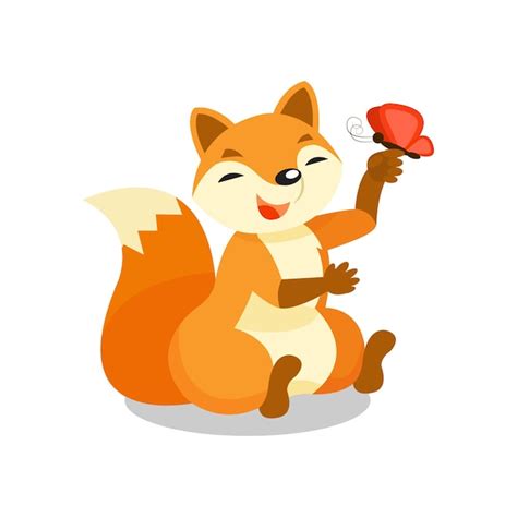 Premium Vector Cute Little Fox Playing With Butterfly Funny Pup