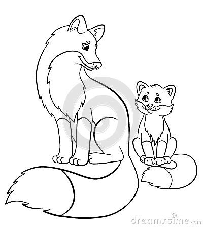 Coloring Pages. Wild Animals. Mother Fox With Her Little Cute Baby