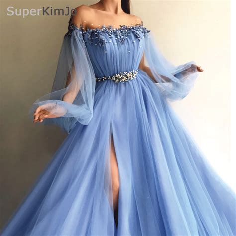 Superkimjo Long Sleeve Beaded Prom Dresses 2019 Arabic Style Blue Tulle