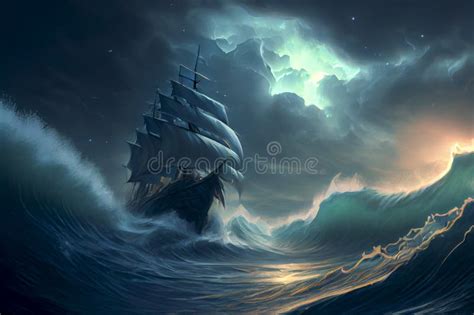Sturm Auf Dem Meer Mit Riesigen Wellen Und Schiff Generative Ai Stock