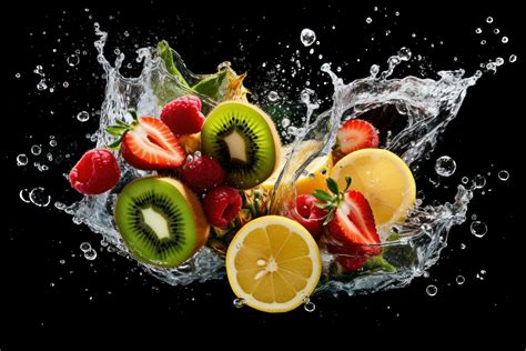 Various Fruit With Water Splash On Dark Background Healthy Fruits Rich