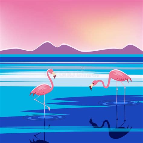 Vector Illustration Of Pink Flamingos In The Lake At Sunset Isolated