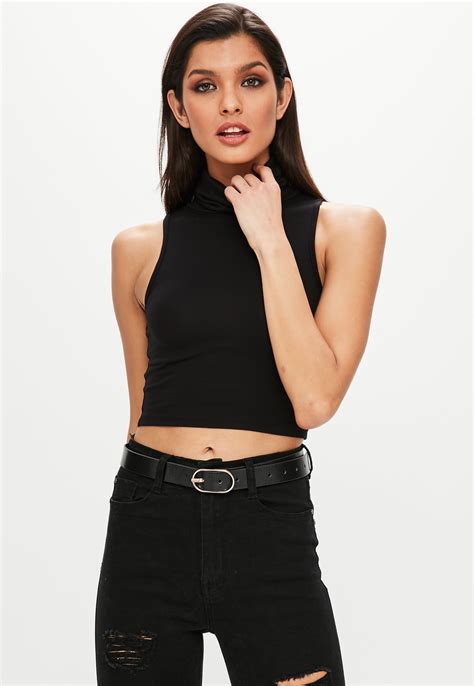 lyst missguided black sleeveless turtleneck crop top in black