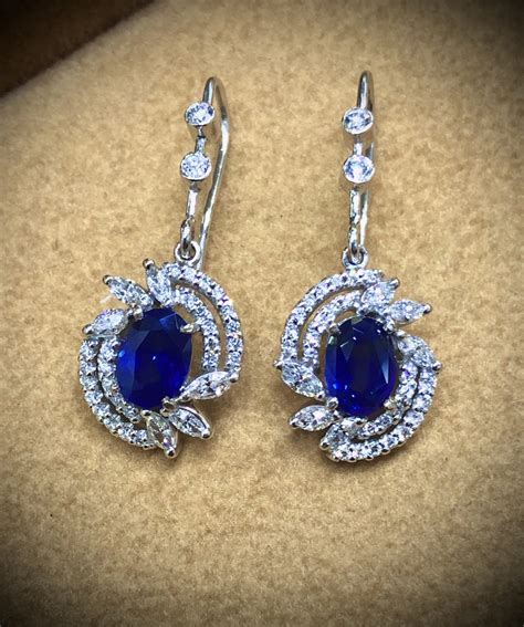 Certified Royal Blue Sapphire Diamond Earrings In 18kt White Gold