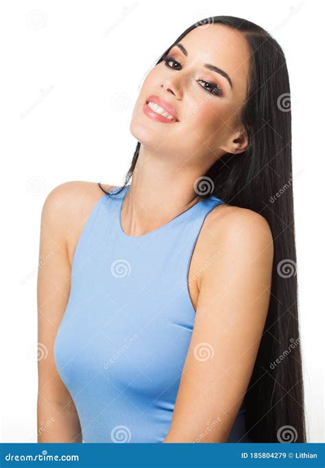 Gorgeous Happy Young Brunette Woman Stock Image Image Of Background Blue 185804279
