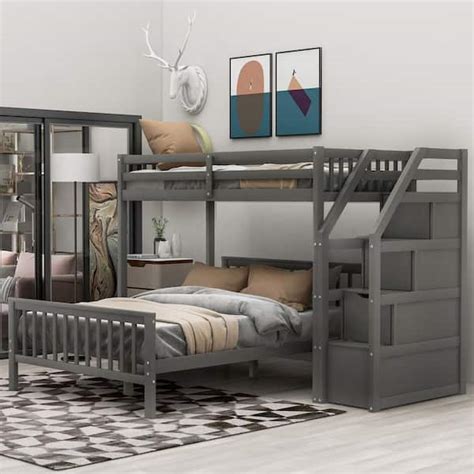 Harper And Bright Designs Gray Twin Over Full Loft Bed With Storage