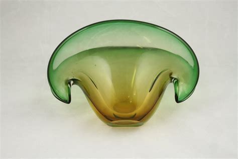 Vintage Hand Blown Glass Vase Bowl Amber And Green