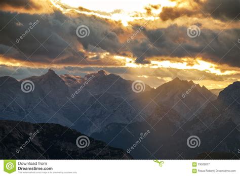 Mountains Panorama Of The Dolomites At Sunrise With Clouds Stock Image