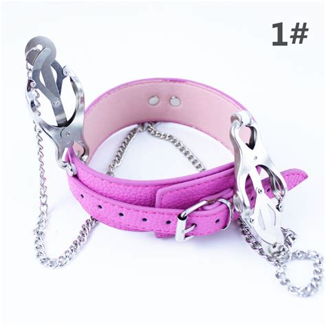 2 Models Pink Leather Sex Slave Collarnipple Clamps Chain Neck Bondage Collar Fetish Adult Game