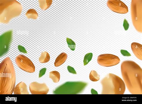 Almond Nuts Background Flying Almond With Green Leaf On Transparent