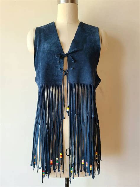 60s Fringed Vest Blue Suede Long Fringed And Beaded Hippie Etsy