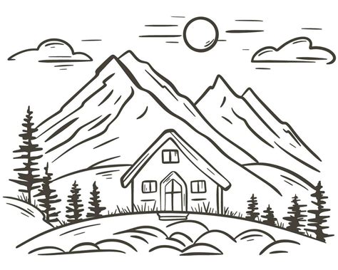 Hand Drawn Cabin In Mountains Vector Art At Vecteezy