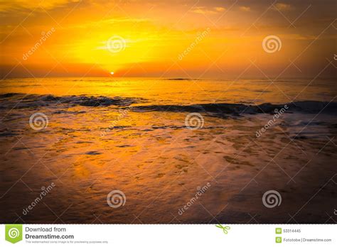 Golden Sunrise Sunset Over The Sea Ocean Waves Stock Image Image Of