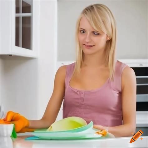 Woman Washing Dishes In The Kitchen