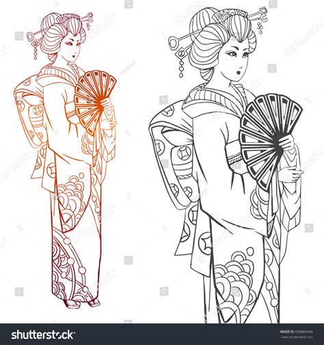 Japanese Women Kimono Adult Coloring Book Stock Vector ...