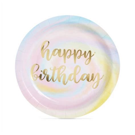 Rainbow Pastel Party Decorations Gold Foil Happy Birthday Plates 9 In