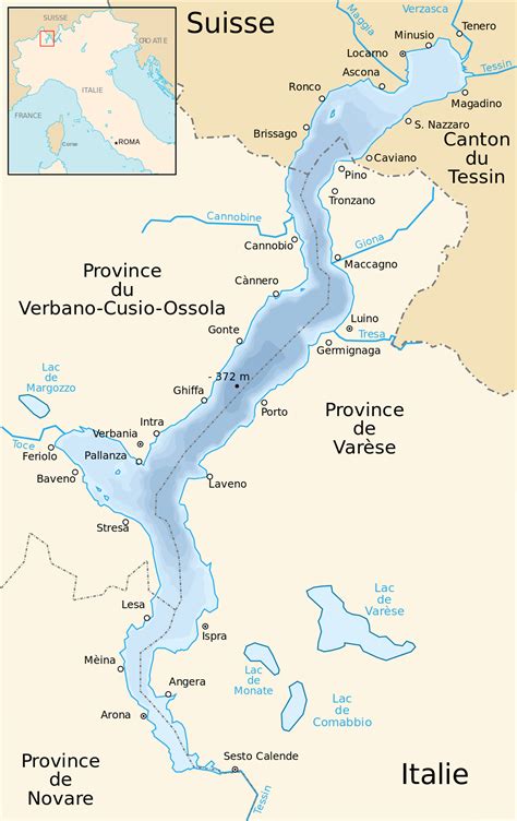 The best views of many of the attractions along the shore of lake maggiore are from the water, so you'll want to take at least one trip by boat. File:Lake Maggiore map-fr.svg — Wikimedia Commons