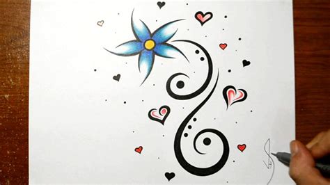 Begin to darken the background heart with blue color pencil. Designing a Cool Flower Tattoo Design with Hearts - YouTube