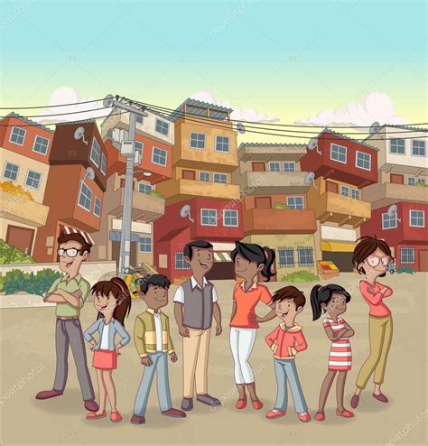 Calle De Barrio Pobre Con Dibujos Animados Gente Negra Feliz Barrio