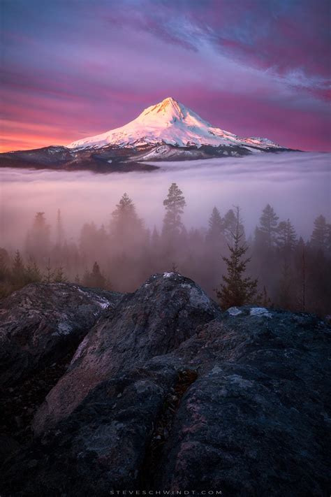 Gorgeous Sunrise Looking Out At Mt Hood Oregon Above A Low Layer Of