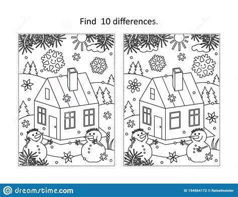 Cabin In Winter Find The Differences Picture Puzzle And Coloring Page