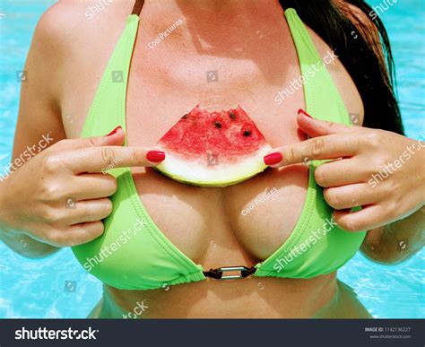 Girl Swimsuit Beautiful Breast Watermelon Stock Photo 1142136227