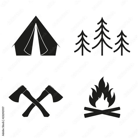 Camp Icon Set Camping Sign Collection With Tourist Tent Campfire Axe